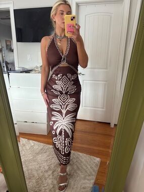 Brown Halter Maxi Dress with White Embroidered Motif